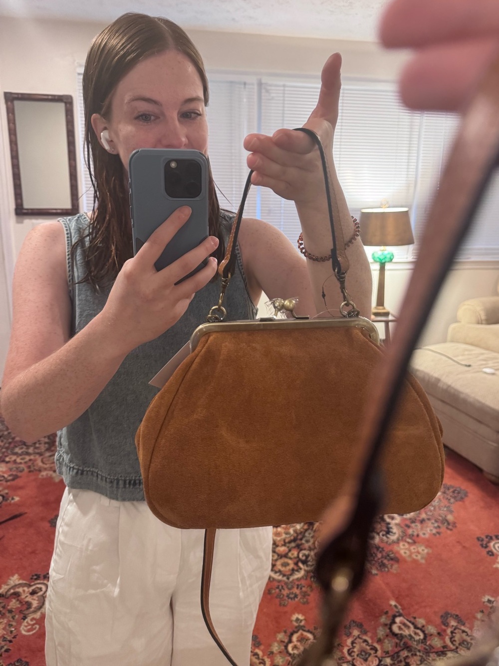 Suede Kiss-Lock Patricia Nash Crossbody Bag in Caramel - Picture 4 of 11